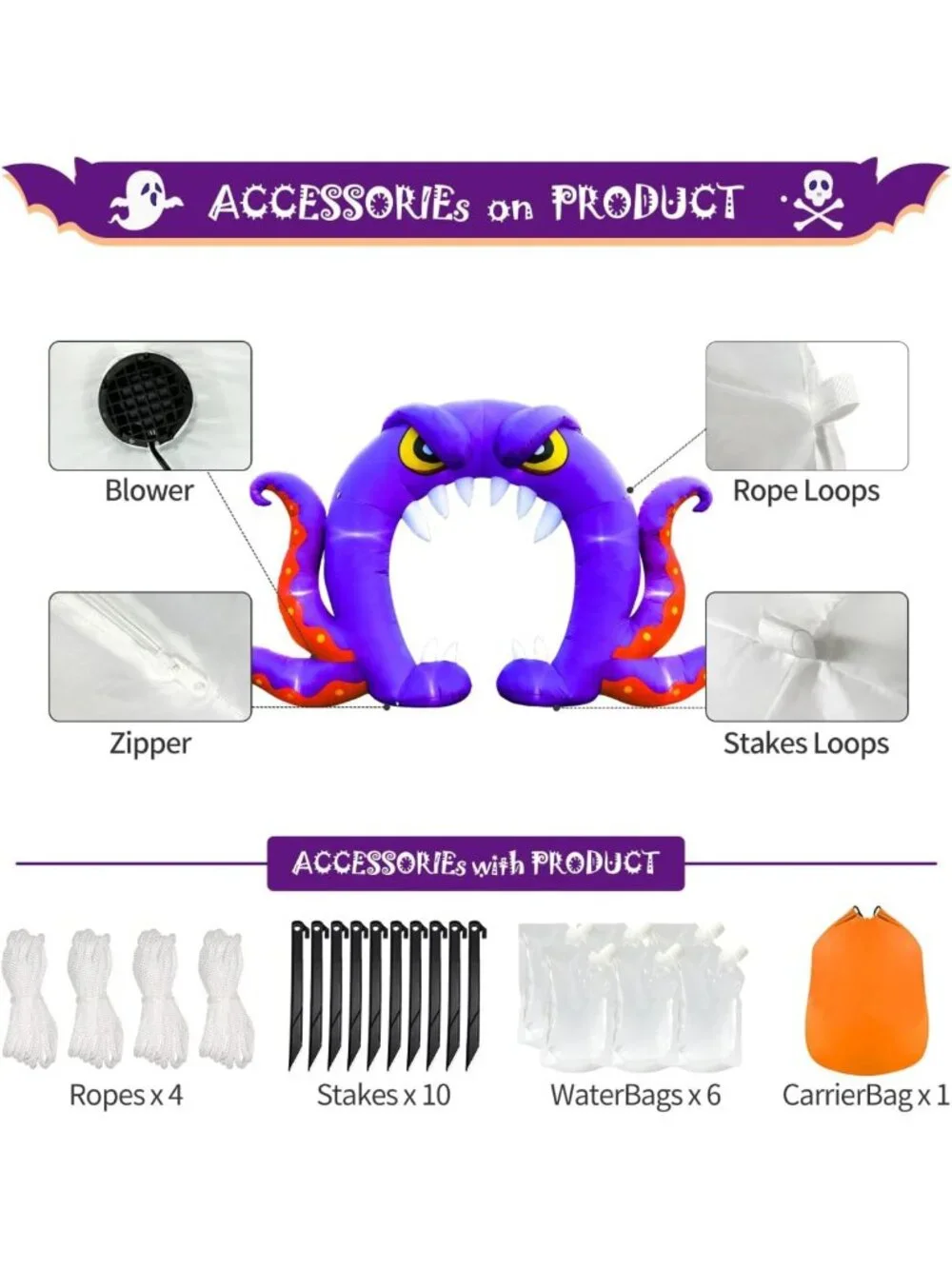 Giant 16FT Inflatable Purple Monster Octopus Archway with LEDs for Halloween